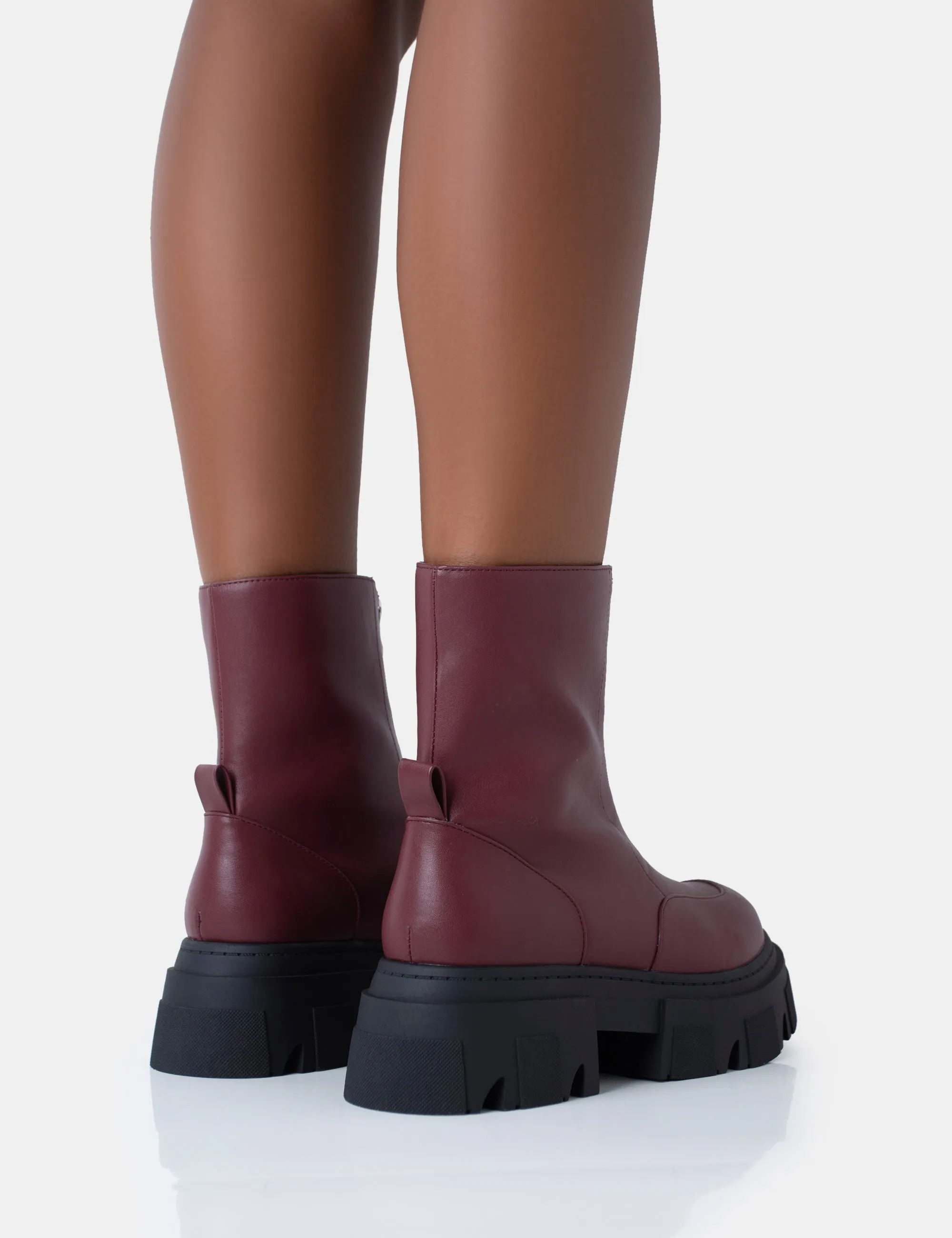 Bergen Burgundy Pu Zip Up Detailed Rounded Chunky Soled Ankle Boots