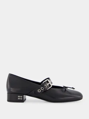 Black Buckled Leather Ballerina Shoes