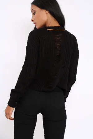 Black Chunky Knit Distressed Jumper - Bella