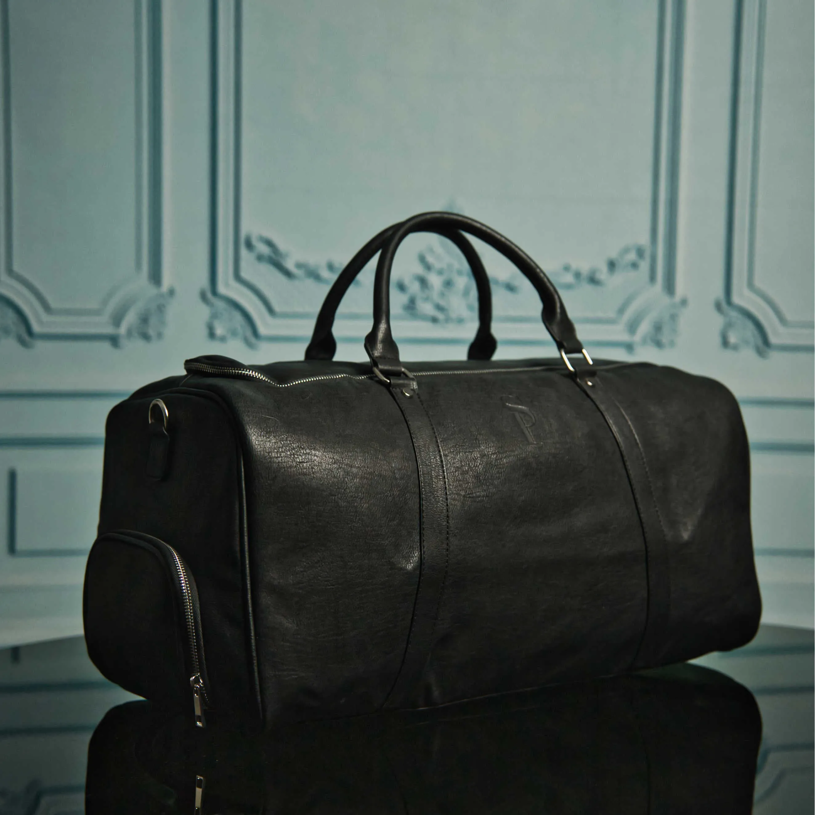 Black Tumbled Leather Duffle Bag