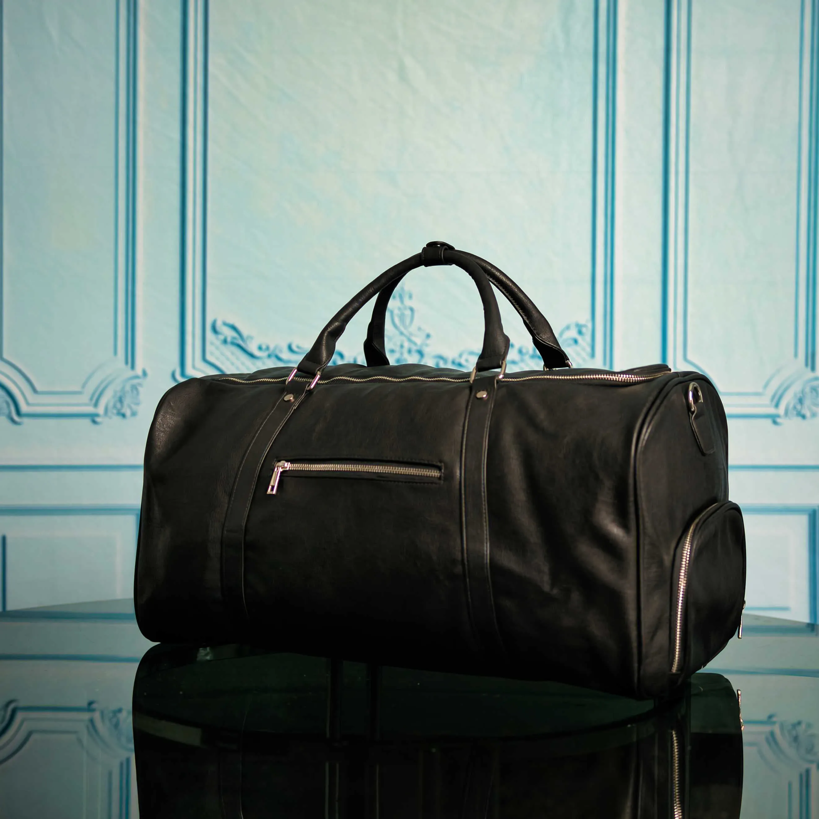 Black Tumbled Leather Duffle Bag