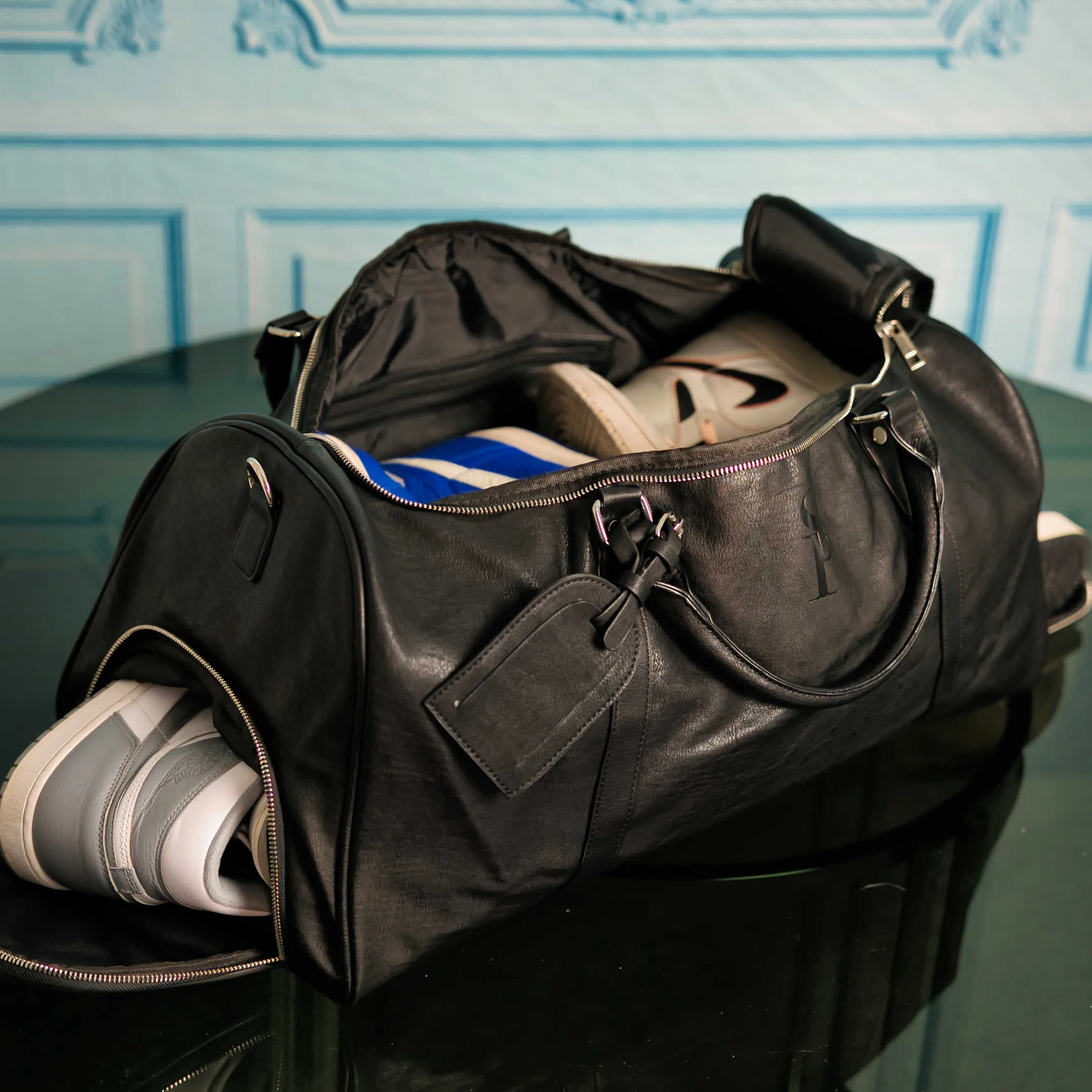 Black Tumbled Leather Duffle Bag