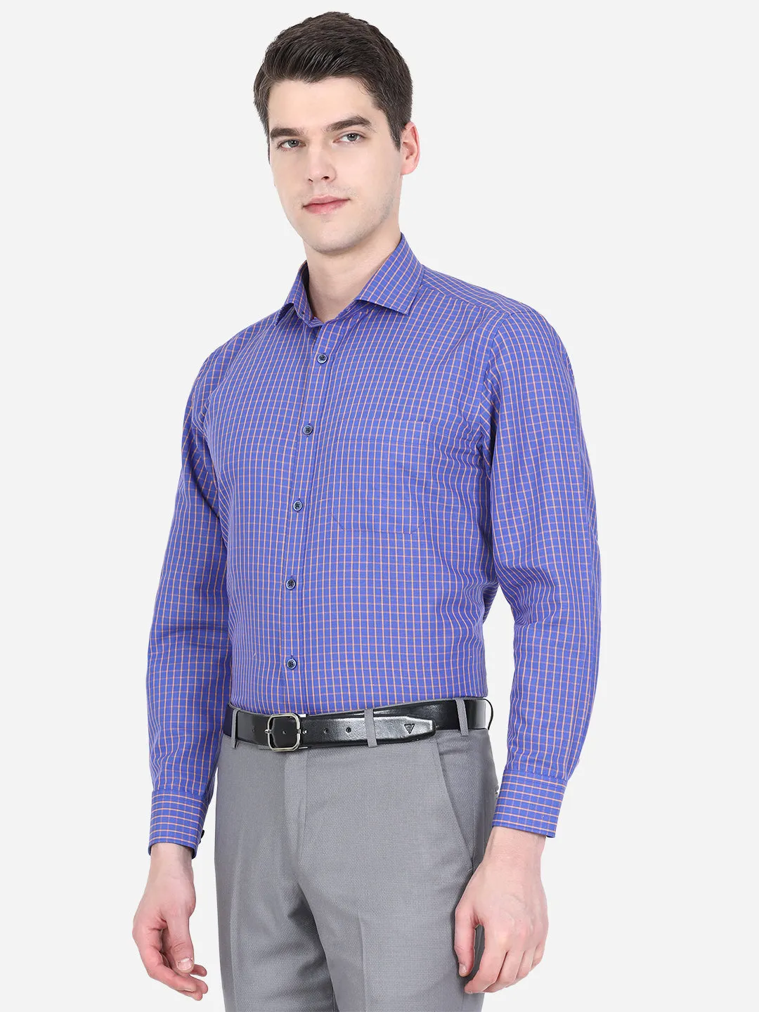 Blue & Orange Checked Regular Fit Formal Shirt | JadeBlue