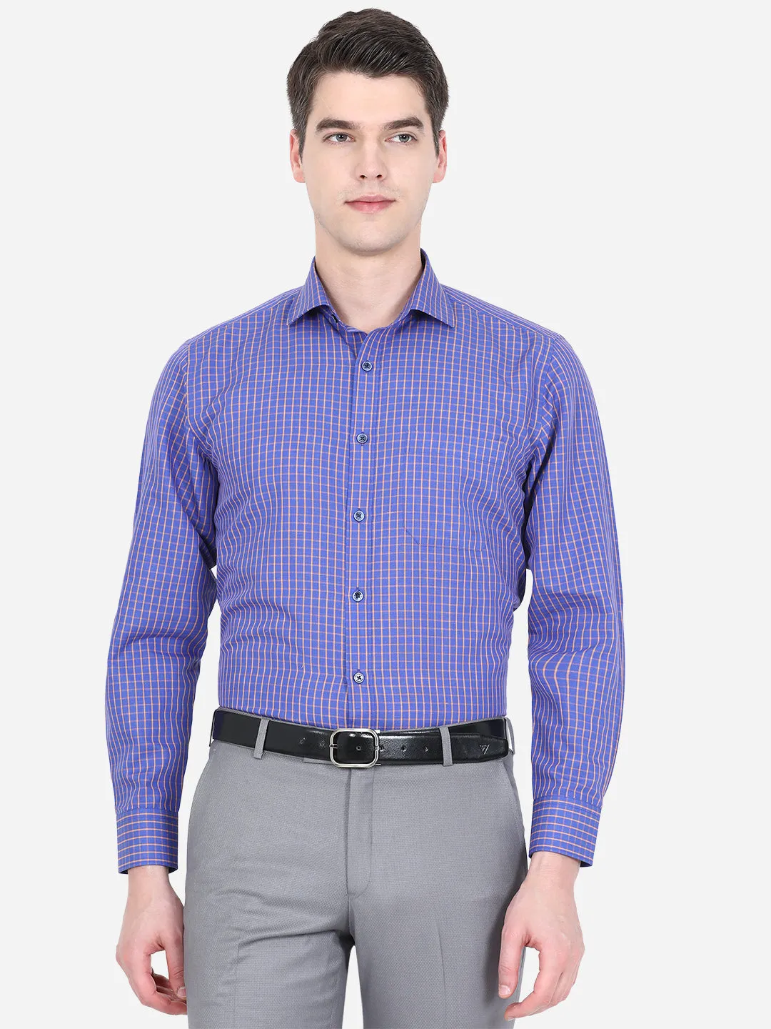 Blue & Orange Checked Regular Fit Formal Shirt | JadeBlue