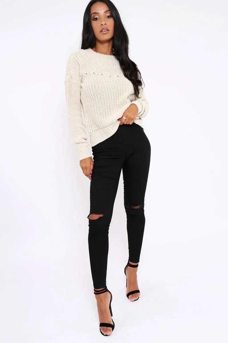 Cream Chunky Knit Distressed Jumper - Bella