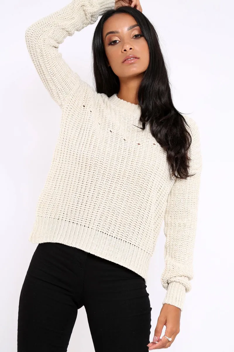 Cream Chunky Knit Distressed Jumper - Bella