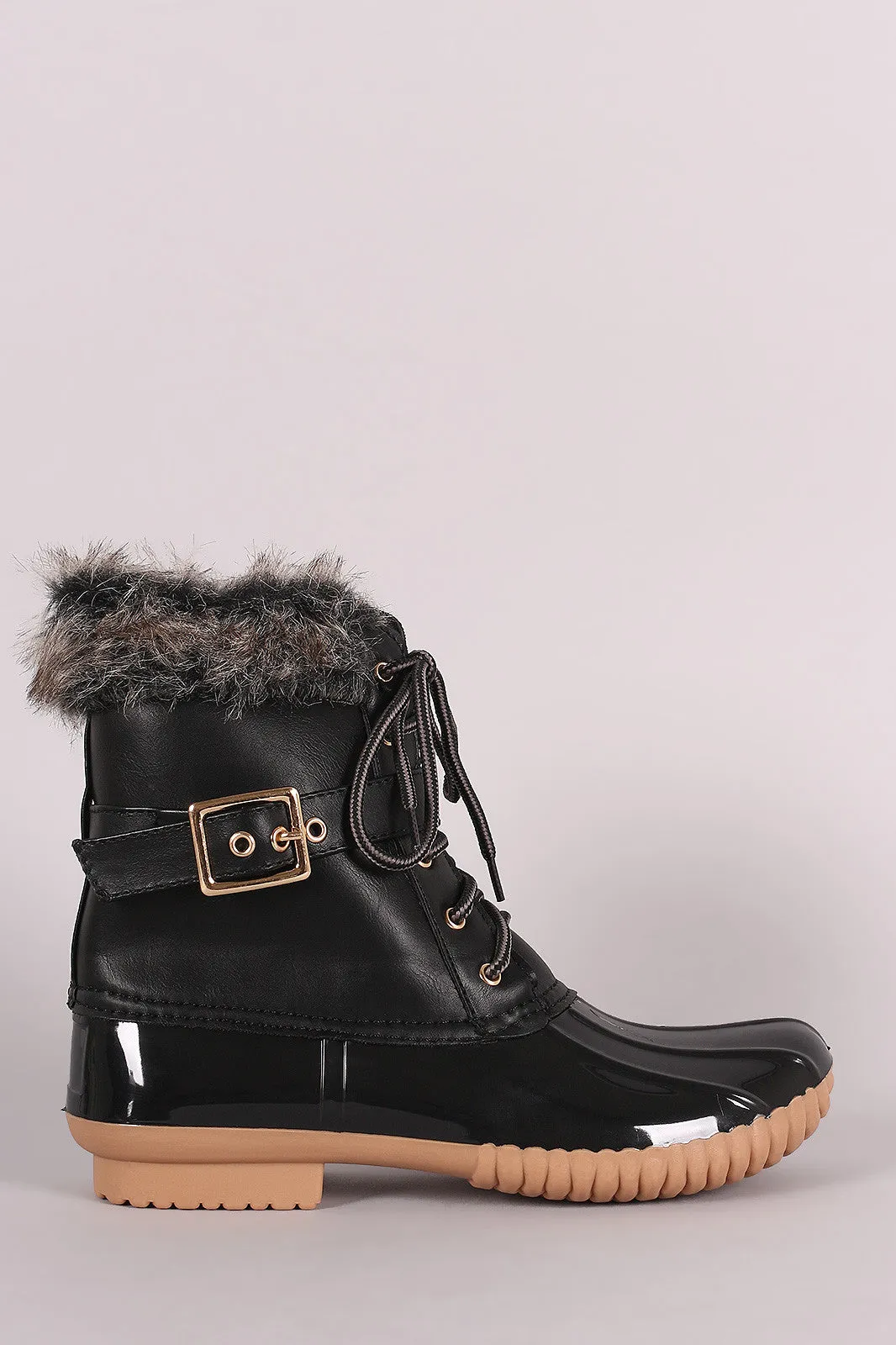 Faux Fur Cuff Lace Up Duck Ankle Boots