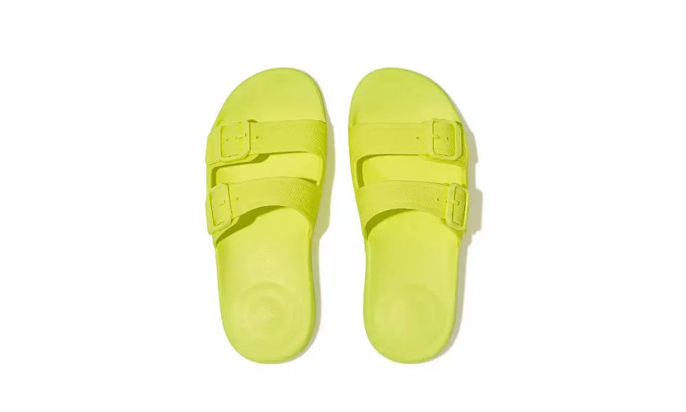 FitFlop Womens Iqushion Two-Bar Buckle Slides Electric Yellow