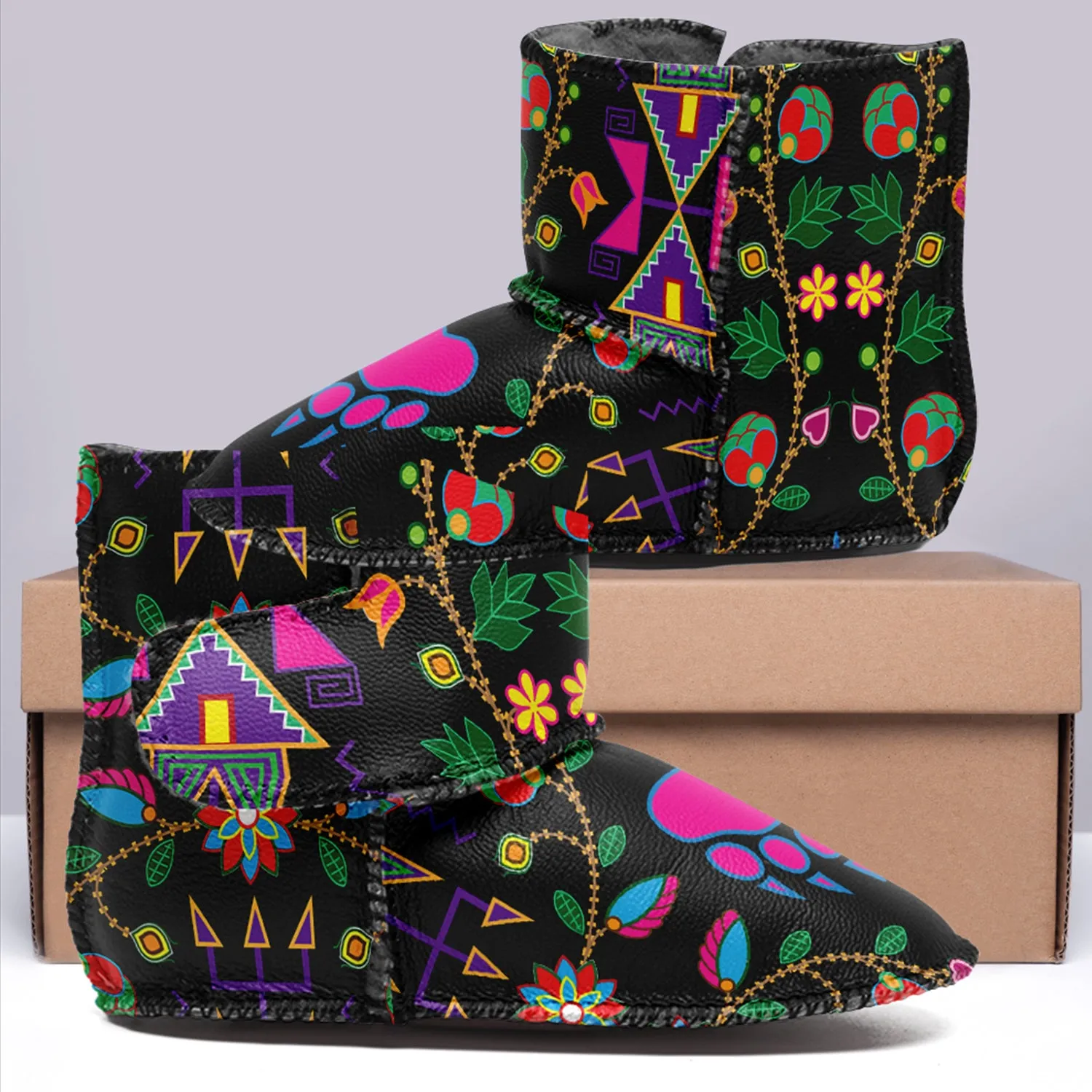 Geometric Floral Fall Black Baby Boots