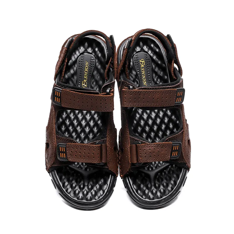 kkboxly kkboxly Men Summer Outdoor Comfy Cowhide Leather Non Slip Hook Loop Beach Sandals