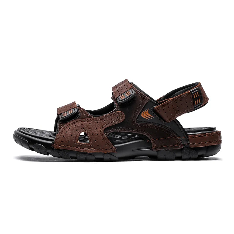 kkboxly kkboxly Men Summer Outdoor Comfy Cowhide Leather Non Slip Hook Loop Beach Sandals