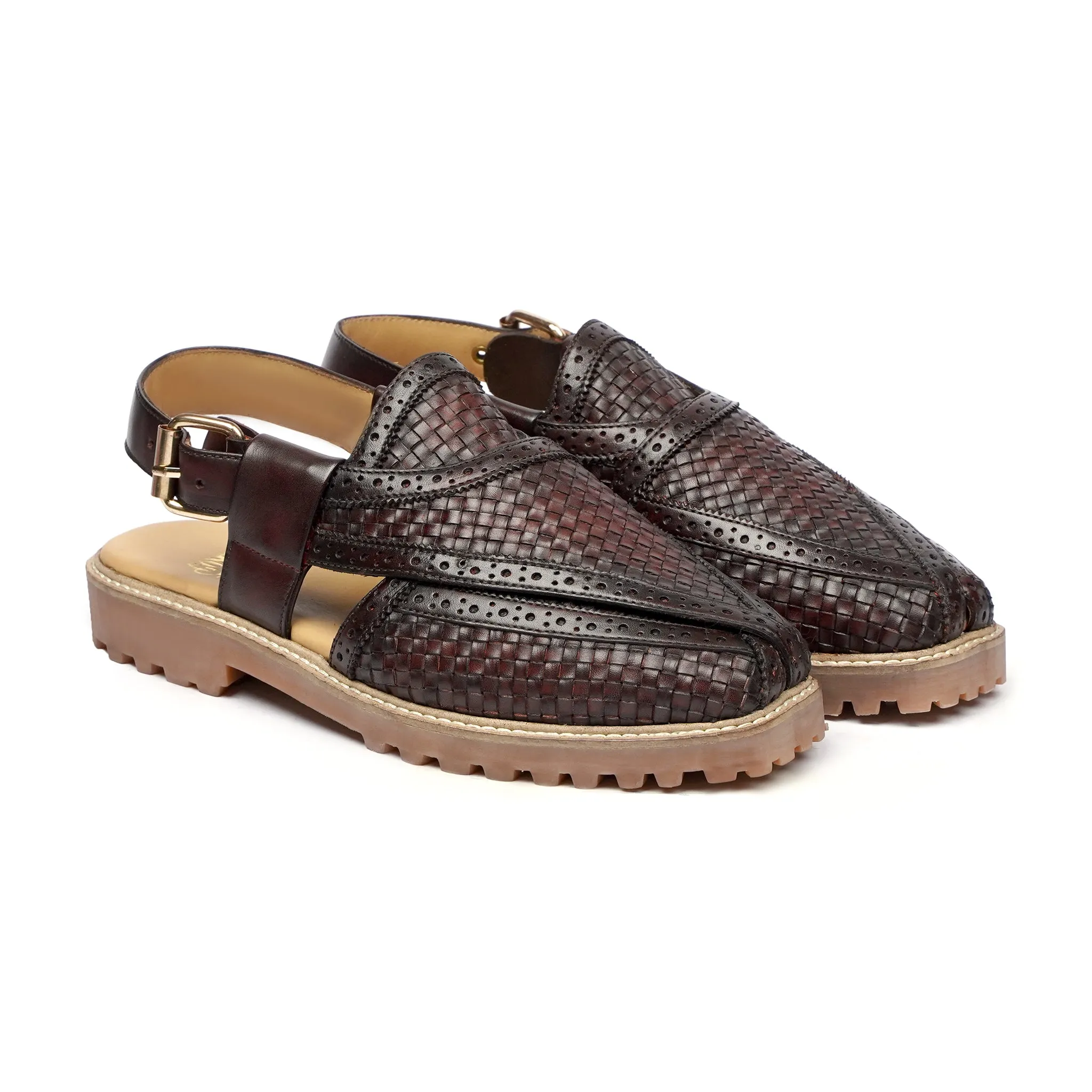 Mineko - Men's Dark Brown Hand Woven Calf Leather Sandal