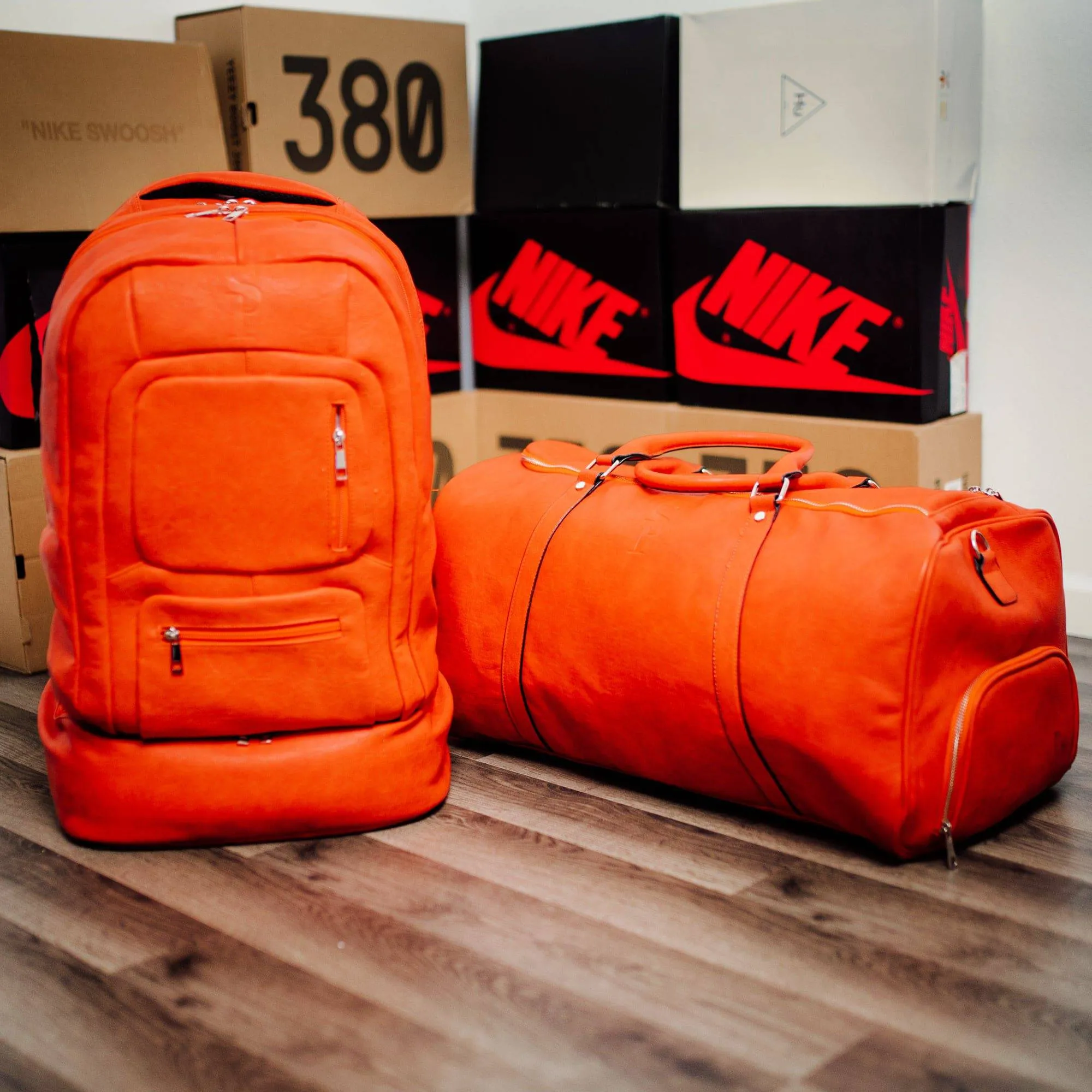 Orange Tumbled Leather Bag Set (Signature and Duffle)