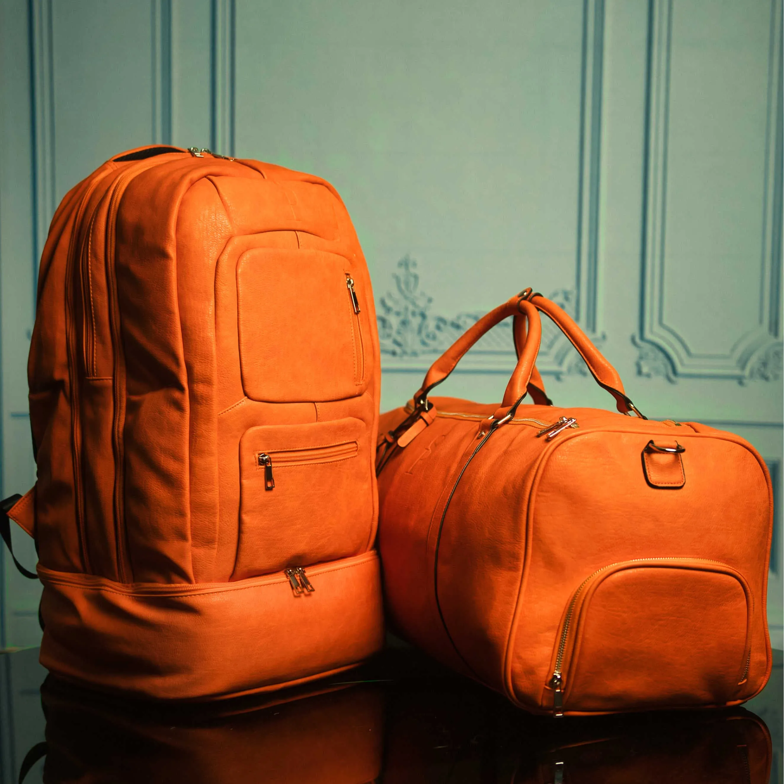 Orange Tumbled Leather Bag Set (Signature and Duffle)