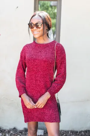 Soft Heart Wine Red Chenille Sweater Dress