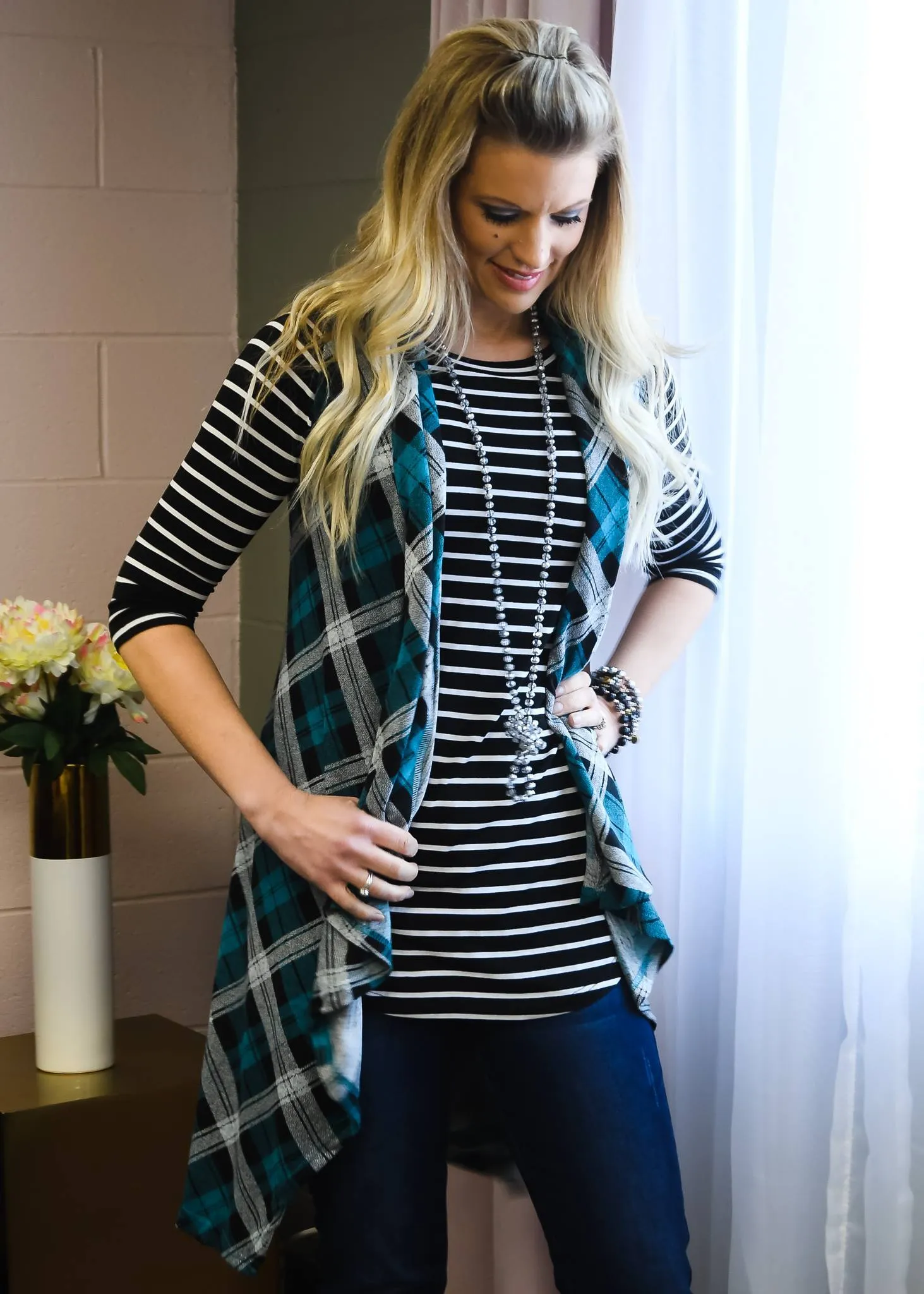 Teal Plaid Long Vest