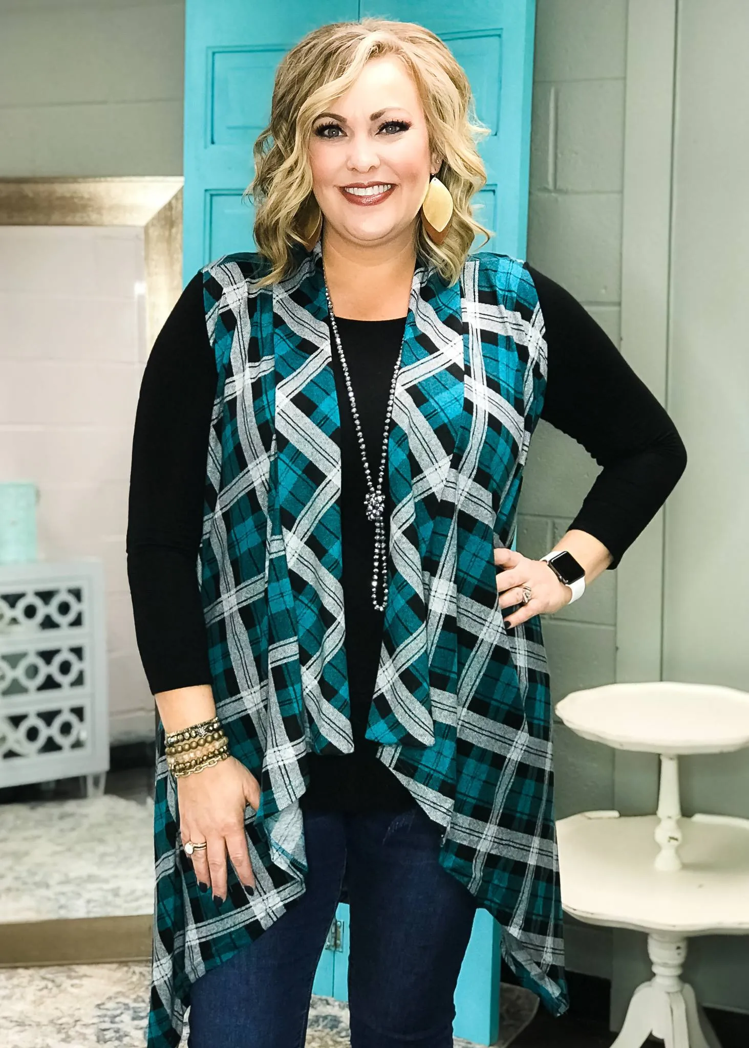 Teal Plaid Long Vest