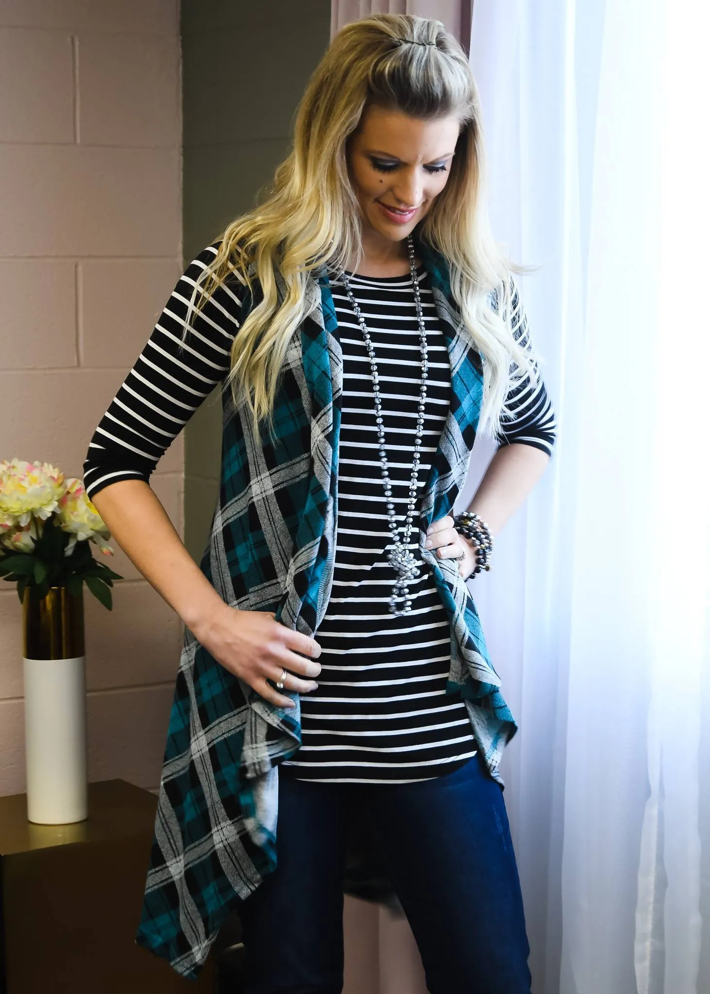 Teal Plaid Long Vest