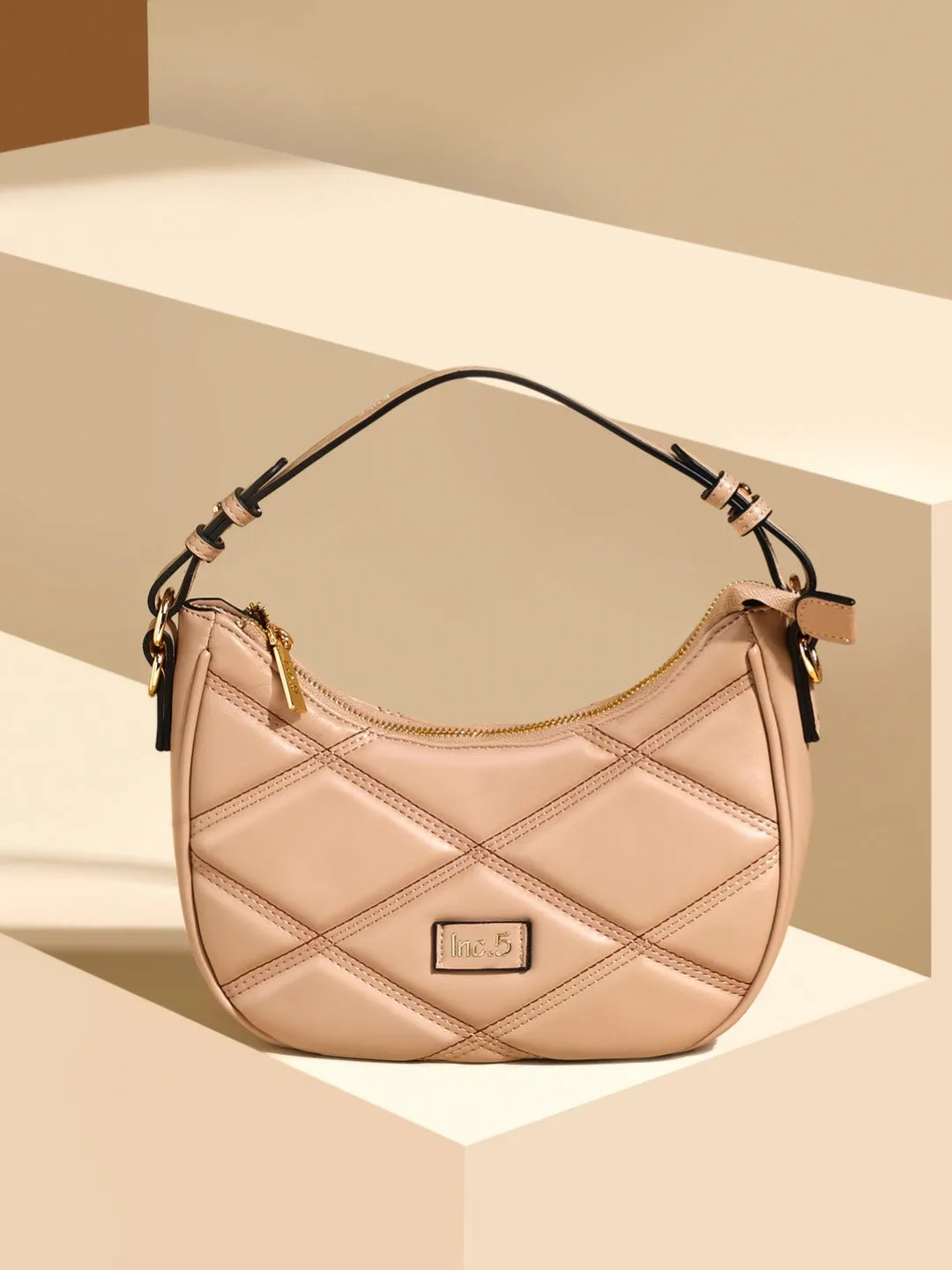 Women Beige Qulited Half-Moon Shoulder Bag