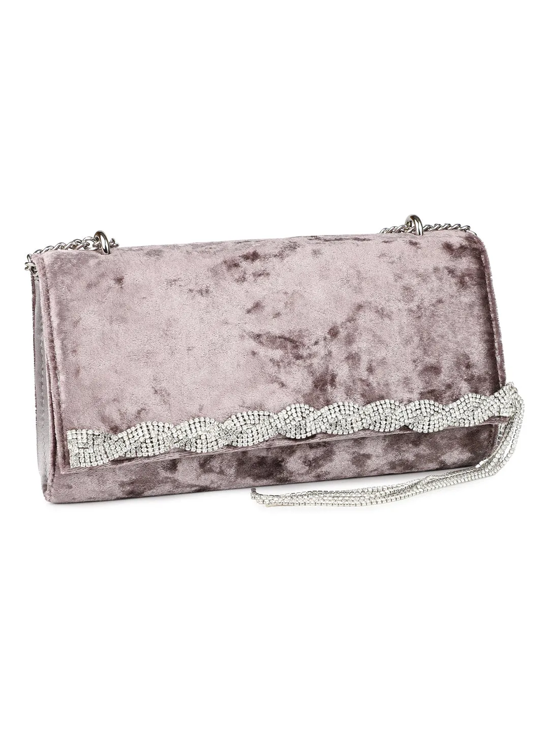 Women Gun Metal Box Clutch With Diamonds