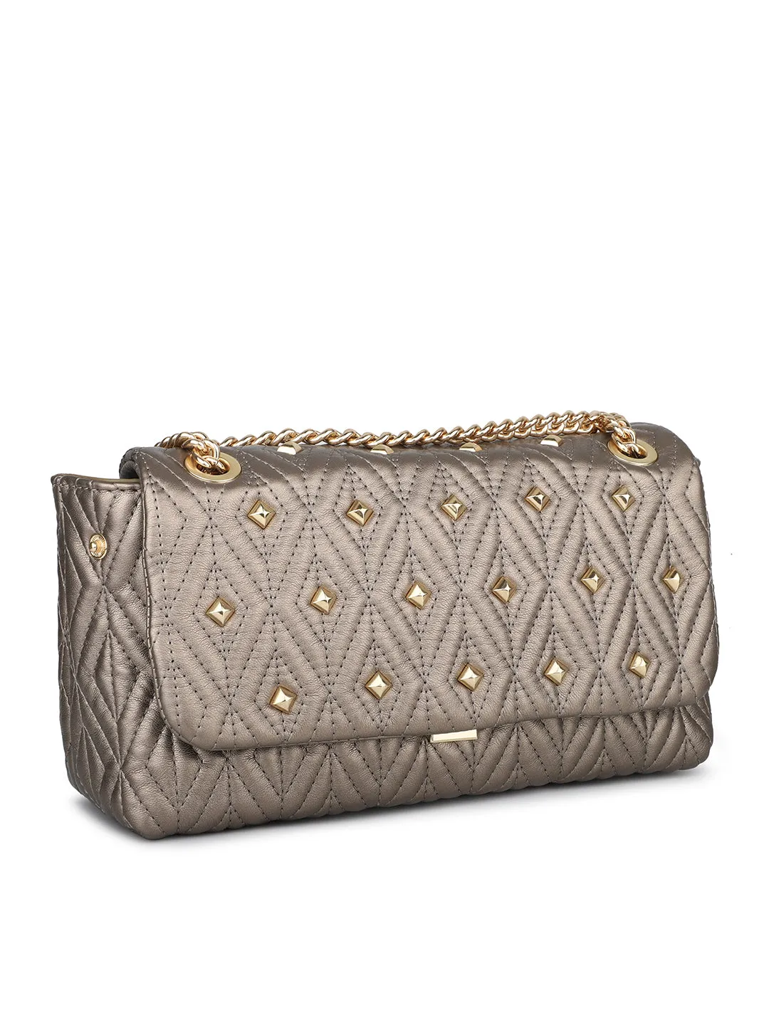 Women Pewter Quilted Embellished Shoulder Bag