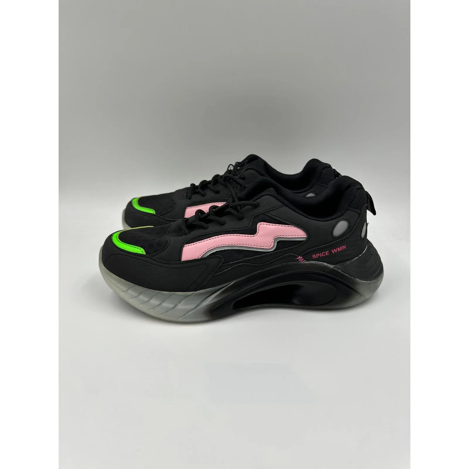 Women's Size 7.5, 90s Style Black Casual Sneaker with Pink and Green Accents