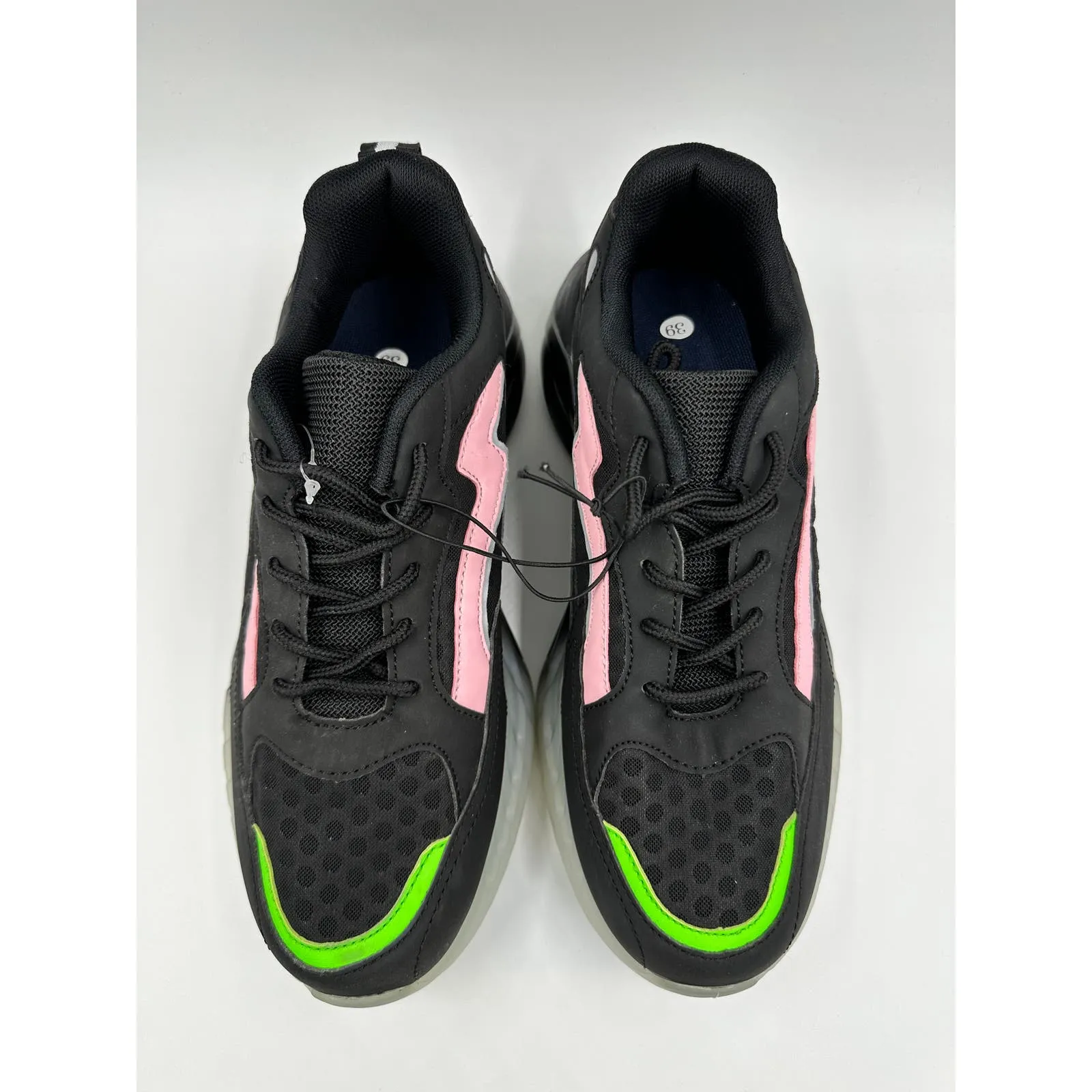 Women's Size 7.5, 90s Style Black Casual Sneaker with Pink and Green Accents