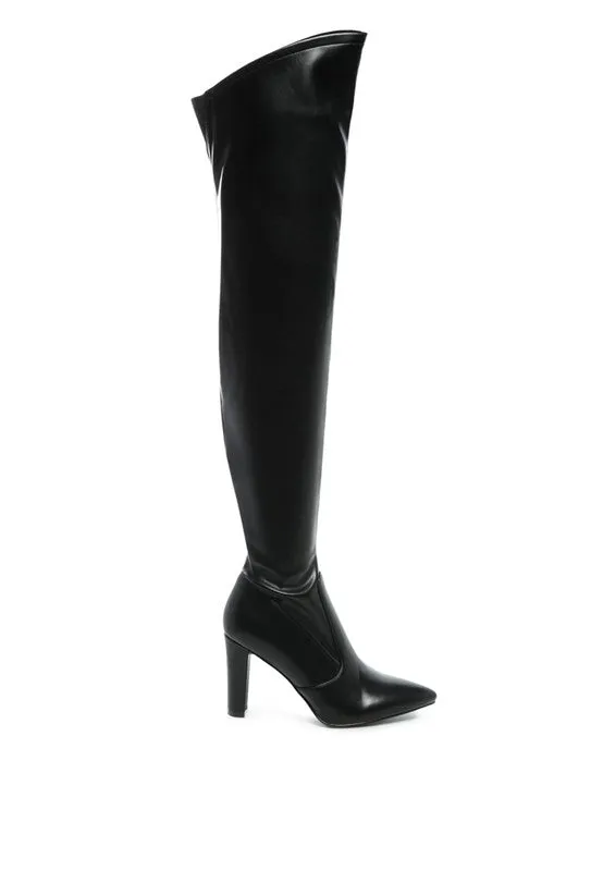 ZADE THIGH HIGH LONG BOOTS IN STRETCH FAUX PATENT LEATHER